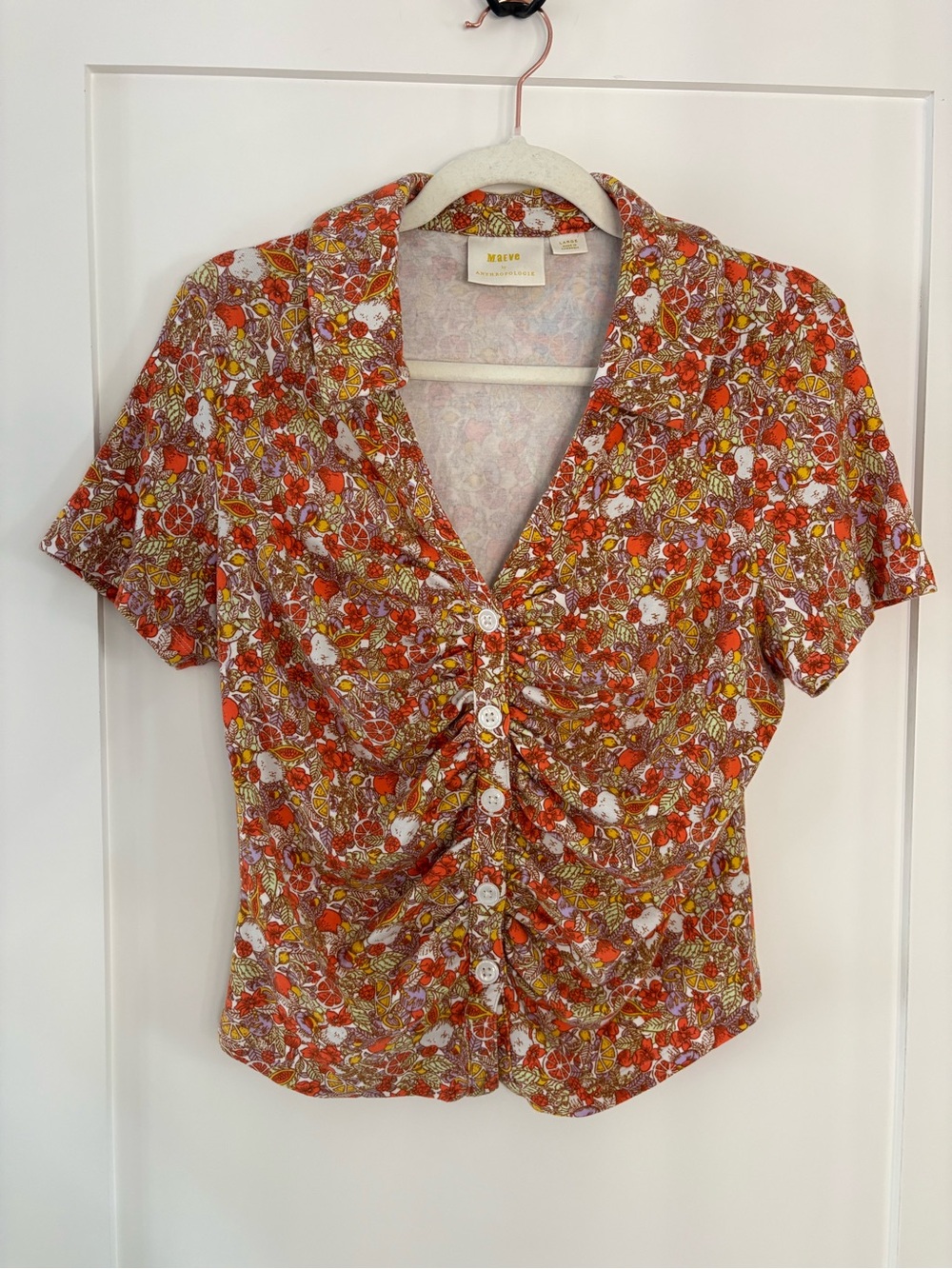 Maeve Anthropologie Ruched Fruit Print Floral Button Front Top Orange Large